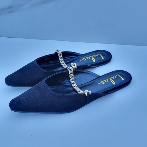 LULU'S Lavareta Black Suede Chain Pointed-Toe Loafer Slides 8.5 - Picture 12 of 14